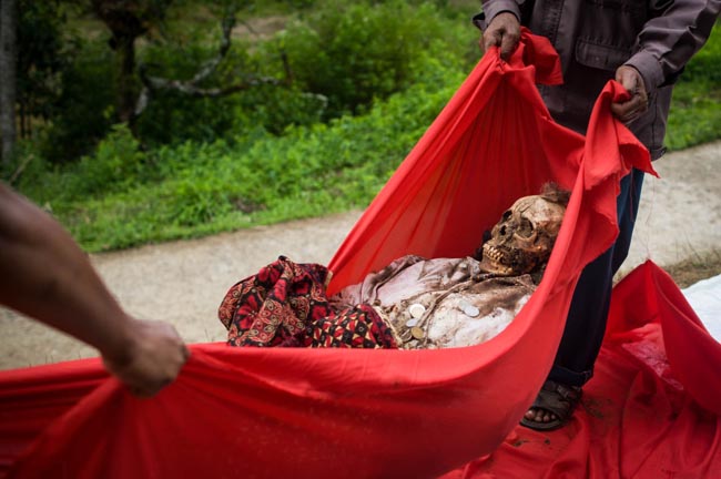 *** EDITOR'S NOTE: GRAPHIC CONTENT *** TORAJA, INDONESIA - AUGUST 25: Relatives pull up the body of Ne 'Dandan to be cleaned during the Ma'nene ritual at Panggala Village on August 25, 2016 in Toraja, Indonesia. The Ma'nene ritual in performed during a ceremony every three years, where the dead are exhumed for a change of clothes, among the people of Toraja as an expression of the love of the surviving family. PHOTOGRAPH BY Sijori Images / Barcroft Images London-T:+44 207 033 1031 E:hello@barcroftmedia.com - New York-T:+1 212 796 2458 E:hello@barcroftusa.com - New Delhi-T:+91 11 4053 2429 E:hello@barcroftindia.com www.barcroftimages.com