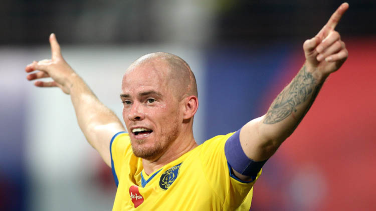 Kerala Blasters FC captain Iain Hume celebrates scoring Kerala Blasters FC second goal during the 1st Semi Final match of the Hero Indian Super League between Kerala Blasters FC and Chennaiyin FC held at the Jawaharlal Nehru Stadium, Kochi, India on the 13th December 2014. Photo by: Shaun Roy/ ISL/ SPORTZPICS